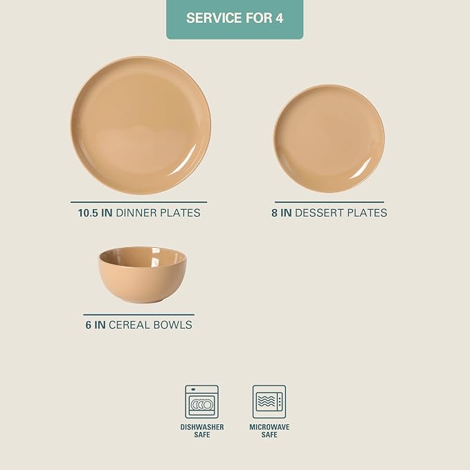 Gibson Home Rockaway 12-Piece Round Stoneware Dinnerware Set, Service for 4 – Beige Plates and Bowls, Modern Matte Finish, Microwave & Dishwasher Safe - Image 2