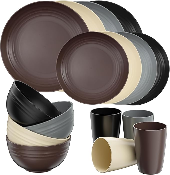 Quatish 16 Piece Plates and Bowls Sets for 4, Unbreakable Dinnerware Sets, Plastic Dish Set for Camping, Dishwasher Microwave Safe, Outdoor Kitchen and Apartment Dorm Dinning RV Essentials, Brown by Quatish