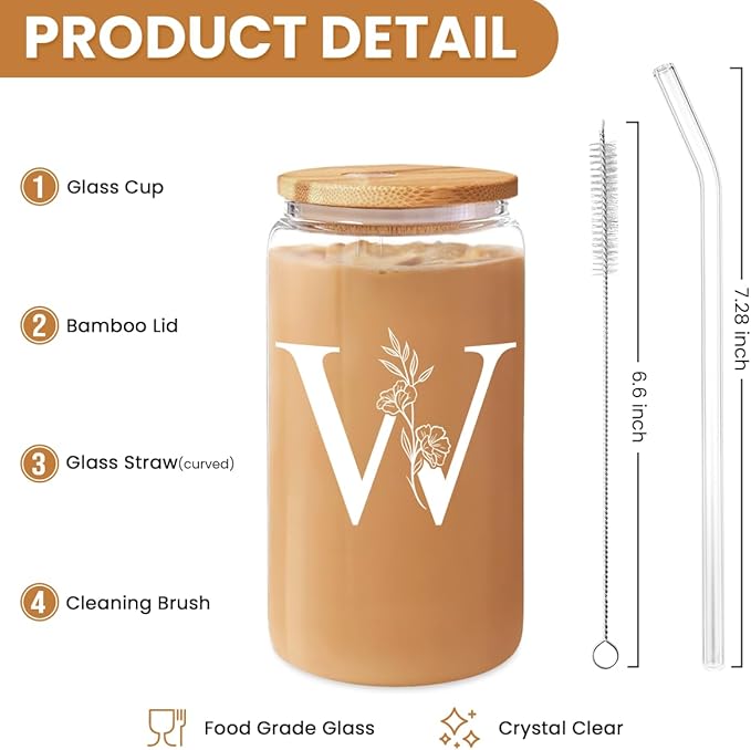 SANDJEST Monogrammed Gifts for Women - Monogram W Initial Glass Cup 16 Oz Can Coffee Cups with Lid and Straw - Monogram Initials Gifts for Womens on Birthday