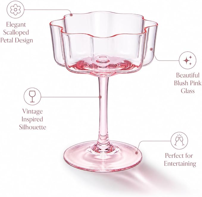 Flower Scalloped Vintage Wavy Petals Wave Glass Coupes 7oz Colorful Martini, Champagne & Cocktails, 4 Set Pink Rippled Champagne Glasses, Elegant Bar Glassware, Unique Aesthetic Coupe Glassware Gifts - Image 8
