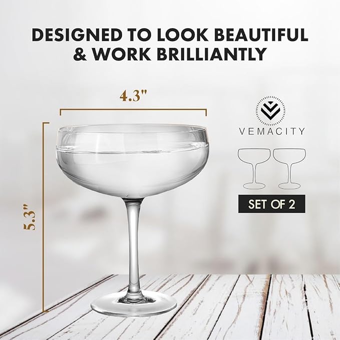 VEMACITY - Elegant Handblown Coupe Cocktail Glasses Set of 2 (10oz) - Crystal Espresso Martini Glasses, Champagne Saucers - Vintage Glassware | Wedding Gift | Ideal for Martinis and Margaritas - Image 6