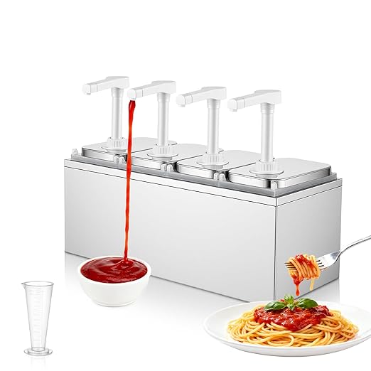 2.11 Quart Stainless Steel Sauce Pump Dispenser,Condiment Pump Station Detachable Leak-Proof Design for Sauce Honey Syrup Dressing,Commercial & Home Kitchen Use (4 Heads, 2L)