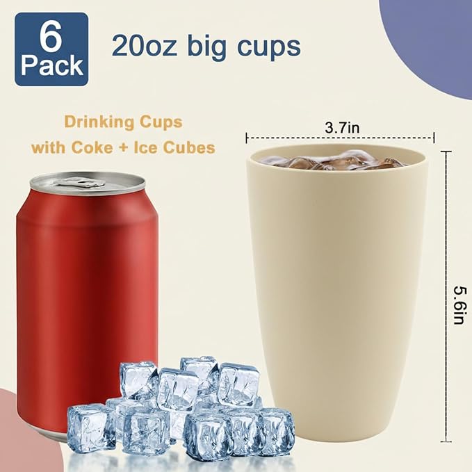 Wheat Straw Cups, 20 OZ Large Cups Set of 6, Unbreakable Drinking Cups, Alternative to Plastic Cups Reusable, Dishwasher & Microwave Safe Cups for Kitchen, Plastic Tumblers (Beige) - Image 2