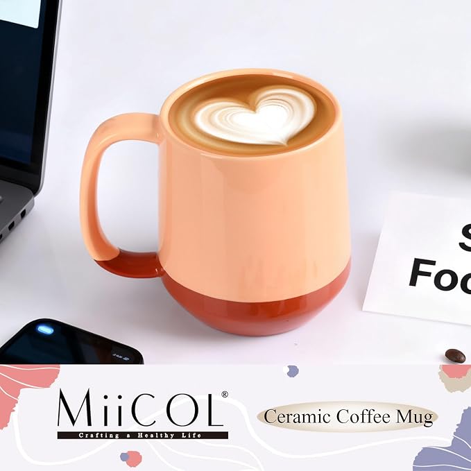 Miicol Ceramic Coffee Mug, 16 oz Large Coffee Cup, Tea Mug with Handle, Flat Bottom Mug for Men, Women, Office, Microwave and Dishwasher Safe, Multi-Color, Caramel Peach - Image 2