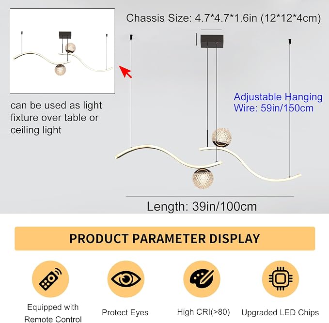 ORANOOR Modern LED Globe Pendant Light, 39inch Dimmable Hanging Chandeliers | 2-Wave Black LED Chandelier Kitchen Pendant Lighting Over Island Dining Room Light Fixtures Ceiling Hanging Over Table,2-Bulb - Image 5