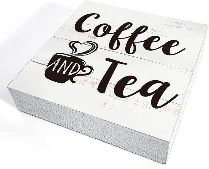 Coffee and Tea Wood Box Sign Kitchen Home Decor, Rustic Funny Coffee Wooden Box Sign Block Plaque for Wall Tabletop Desk Decoration - Image 3