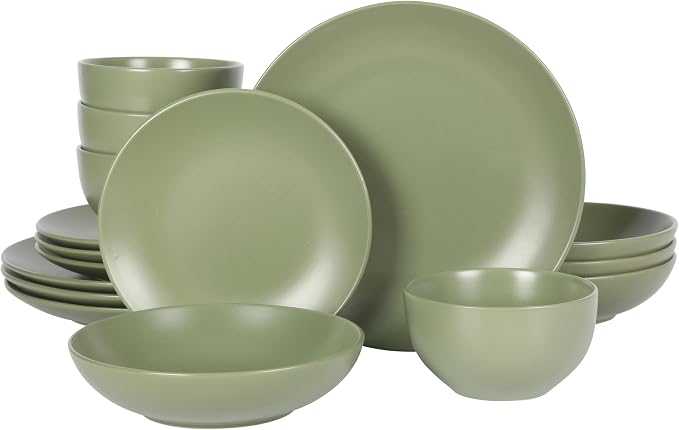 Gibson Home Queenslane 16-Piece Matte Green Stoneware Dinnerware Set – Double Bowl Plates and Bowls, Durable Kitchen Dinner Set by GibsonHomewares