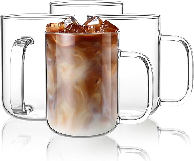 Glass Coffee Mugs, 20 oz Ice Coffee Cups Set of 4, Large Clear Tea Cups, Glass Mugs with Handles for Hot Beverages, Glass Cups for Latte, Cappuccino, and Tea