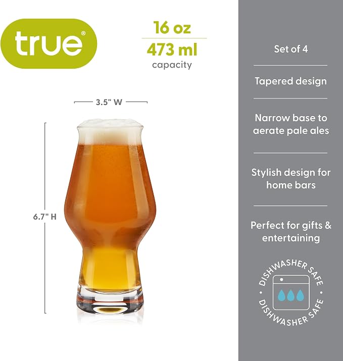 True IPA Beer Glasses, Clear Pint Glasses for IPAs, Pilsners, Pale Ales, Stouts, Game Night, Beer Gifts for Men, BBQ Outdoor Party, Holiday, Stylish Home Bar Glassware, 16 oz, Set of 4 - Image 3