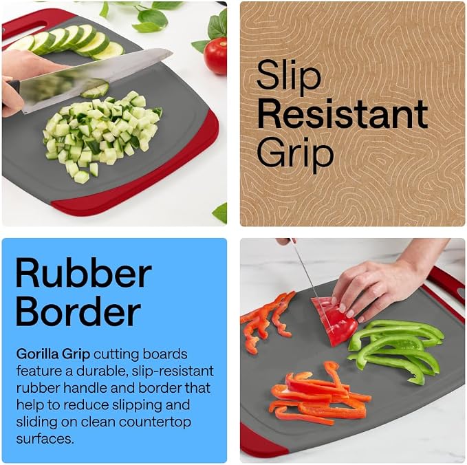 GORILLA GRIP BPA-Free Reversible Kitchen Cutting Board Set of 3, US Designed, Nonporous, Juice Grooves Catch Liquid, Slip Resistant Border, Dishwasher Safe, Durable Large Food Chopping Boards,Gray Red - Image 3