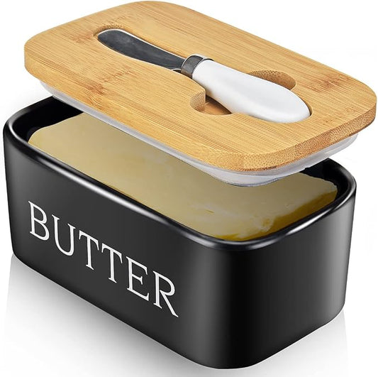 Ceramic Butter Dish with Lid and Knife & Silicone Seal for Countertop Black | Suitable Capacity, Great Sealing, Home Decor Kitchen Gift Housewarming Gift by AISBUGUR