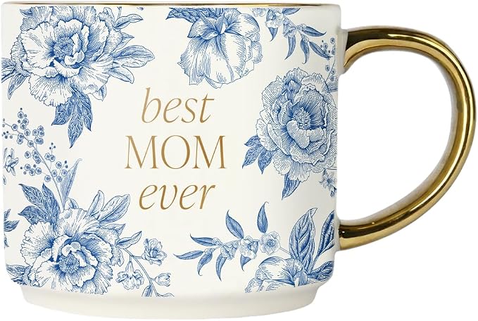 Sweet Water Decor Best Mom Ever Coffee Mug, Vintage Blue Delft Floral Design with Gold Handle & Rim, 14oz Fine Bone China Tea Cup, Cute Gifts for Mother's Day, Baby Shower, Christmas & Mom's Birthday by SweetWaterDecor