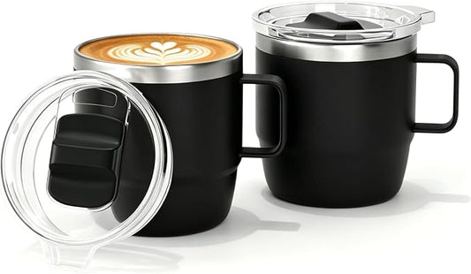6 oz Stackable Mug, Stainless Steel cup with handle, Vacuum Insulated Espresso/Coffee Mug, shot Glass Set for 2-Piece Set for Coffee, Spirits, Wine, Tea- black by ZREGGUR