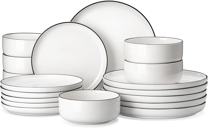 MALACASA 18 Pcs Porcelain Plates and Bowls Sets,Dinnerware Set for 6,White | Modern Ceramic Dishware Set,Kitchen Dining Ware,Microwave and Dishwasher Safe,Simple White with Black Trim Design,Series LUNA by MALACASA