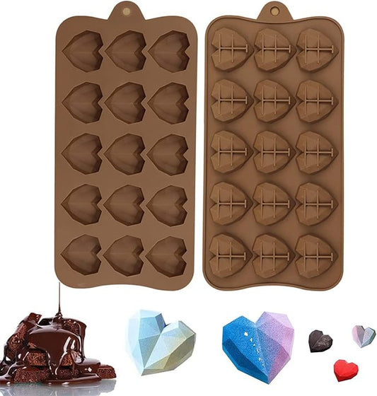 2 Pack Diamond Heart Shaped Chocolate Mold - 15 Holes 3D Heart Mousse Cake Mold - Silicone Mini Baking Pan for Dessert Mousses & Jelly - Wedding & Party
