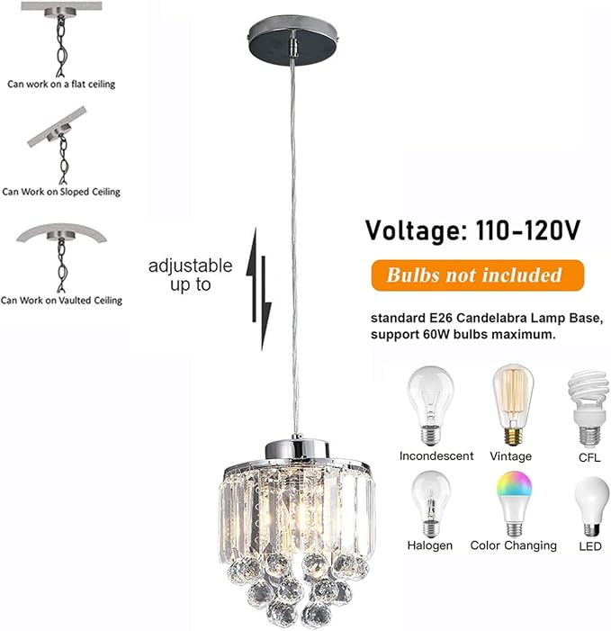 Set of 2 Polished Crystal Chandelier Pendant Light,Cord Adjustable Hanging Pendant Lamp, Modern Light Crystal Decorative Pendant Lighting Fixture for Kitchen Island Dining Room Cafe Shops Restaurants - Image 8