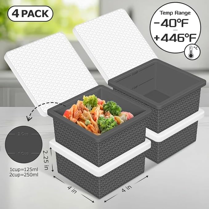 Silicone Freezer Tray with Lid-Stackable Soup Freezer Container Molds,2-Cup Ice Cube Trays for Perfect Portion Control,Food Storage & Meal Prep,Oven & Dishwasher Safe-4 Pack