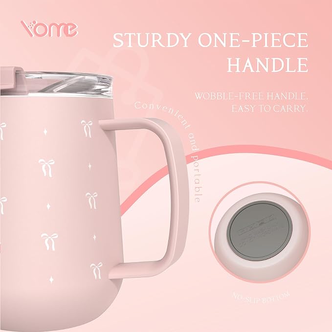 YOME 10oz Bow Light Pink Insulated Coffee Mug with Handle for Women | Ceramic Lined Coffee Mug with Splash-Resistant Lid| Pure Taste Stainless Steel Coffee Cup | Easy to Clean | Keeps Drinks Cold - Image 6