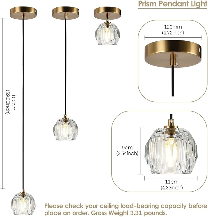 Modern Pendant Light, Brushed Brass Pendant Light Fixture for Kitchen Island, Small Cut Crystal Single Pendant Lighting for Dining Room Bathroom - Image 2
