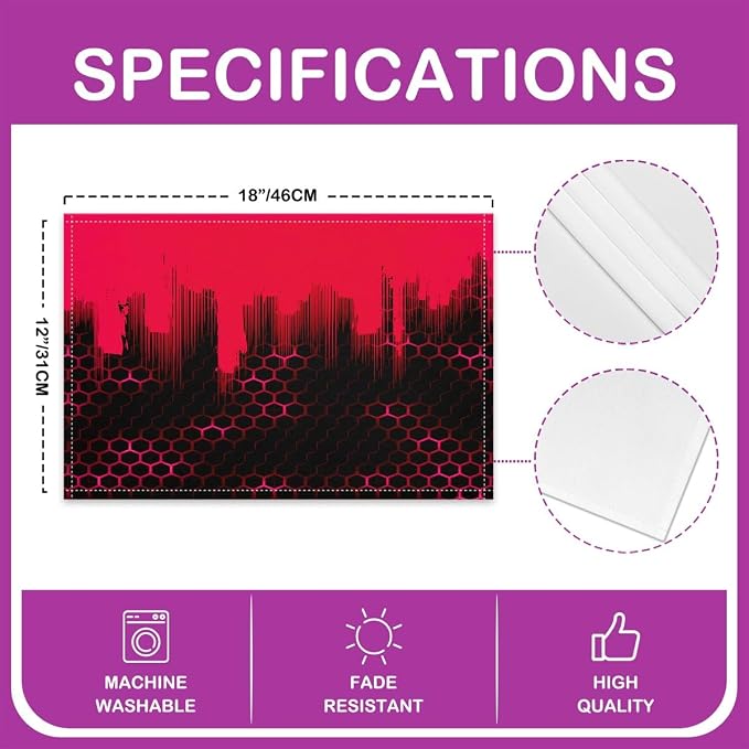 Feelyou Red Honeycomb Placemats Set of 4 18"x12" Hexagonal Table Place Mats, Decor Abstract Geometrical Placemat for Kitchen Dining Table Decor Indoor Outdoor Ombre - Image 4