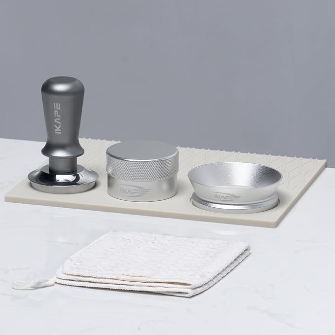 IKAPE 51MM Espresso Tamper Kit Silver 6 IN 1, Coffee Tamper Set with Tamper, Distributor, Magnetic Funnel, Silicone Mat, Puck Screen, and Cleaning Towel
