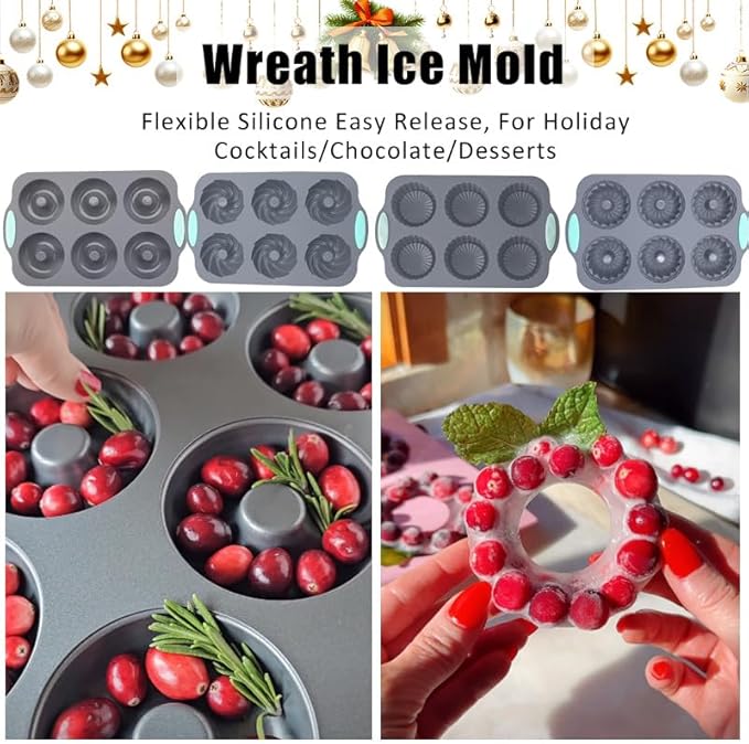 Wreath Ice Mold, Christmas Ice Cube Molds, Silicone Wreath Ice Cubes Tray, 6 Hole Silicone DIY Mold Suitable, Flexible Silicones Easy Release, for Holiday Cocktails/Chocolate/Desserts (C)