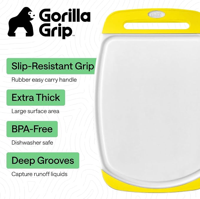 GORILLA GRIP BPA-Free Reversible Kitchen Cutting Board Set of 3, US Designed, Nonporous, Juice Grooves Catch Liquid, Slip Resistant Border, Dishwasher Safe, Durable Large Food Chopping Boards, Yellow - Image 2