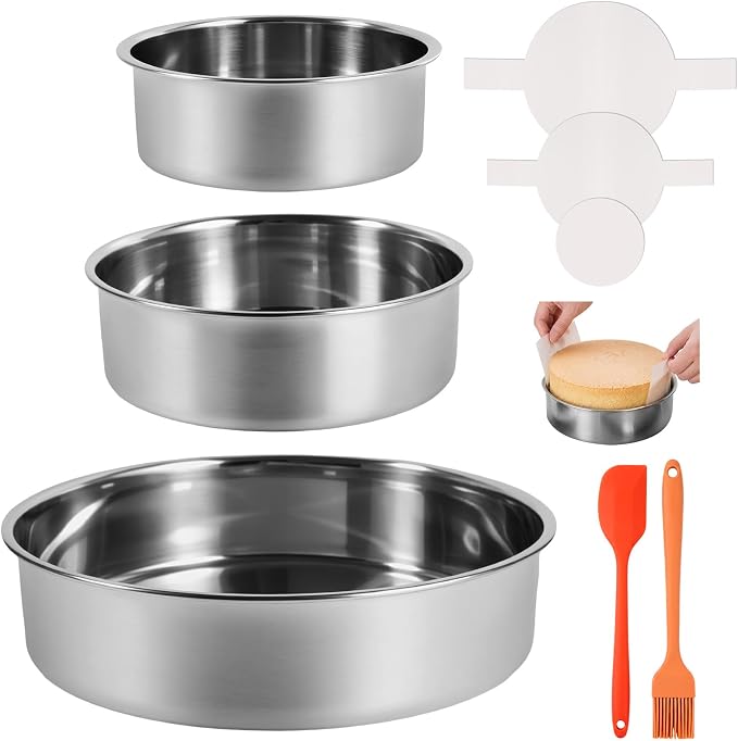 4 6 8 Inch 3-Piece Round Cake Pan Set with 150 Parchment Paper Liners, Stainless Steel Baking Pans with Handles, Includes Silicone Brush & Spatula, Layer Cake Baking Set for Cheesecake, Birthday Cake by Unknown