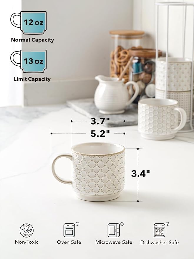 LE TAUCI Stackable Coffee Mugs Set with Stand, Ceramic Embossment Coffee Cups for Au Lait, Cappuccino,Latte,Cafe,Mocha,Tea, Suit For Housewarming Wedding - 12 oz, Set of 4,Arctic white - Image 5