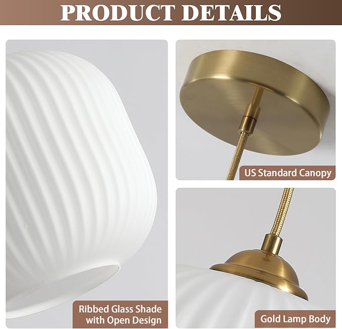 KCO Lighting Modern Brass Gold 7.9” Ribbed White Milk Glass Pendant Light | Adjustable Cord, E26 Small Mid Century Modern Hanging Light for Sloped Ceiling Kitchen Island Dining Room Bedroom Entryway - Image 3