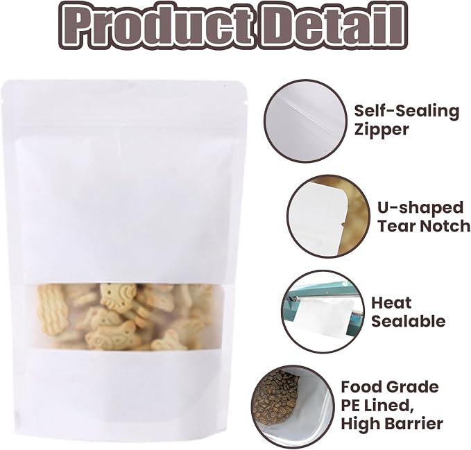 Muka 50 PCS White Kraft Bags Toaster Bags with Frosted Window | Food Grade Spouted Pouches, Leak-Proof Cap, Temp -20 - Image 2