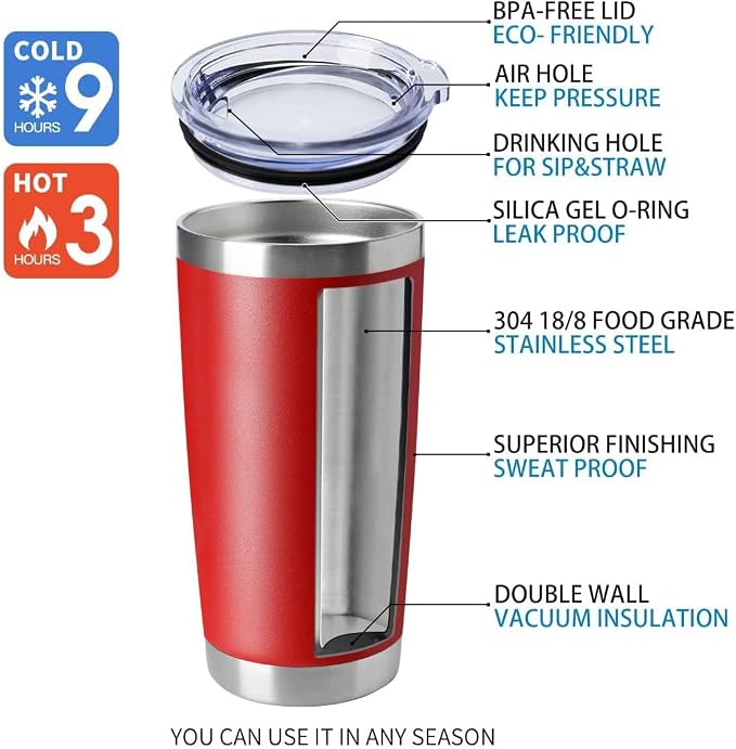 HASLE OUTFITTERS 20oz Tumblers Stainless Steel Mugs with Lid Double Wall Vacuum Insulated Coffee Cups for Cold & Hot Drinks (20oz-Red, 8 Pack) - Image 4