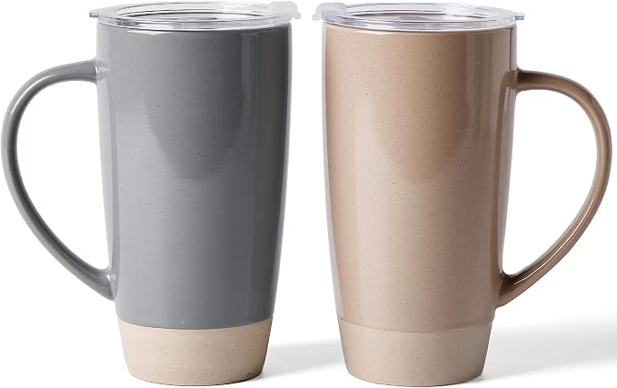 famiware Milkyway Coffee Mugs, 20oz Large Coffee Mug, Ceramic Mug Set of 2 with Lid, Cup Set with Handle for Latte, Tea, Cocoa, Milk, Home & Office, Cinnamon Brown and Dark Gray by Famiware