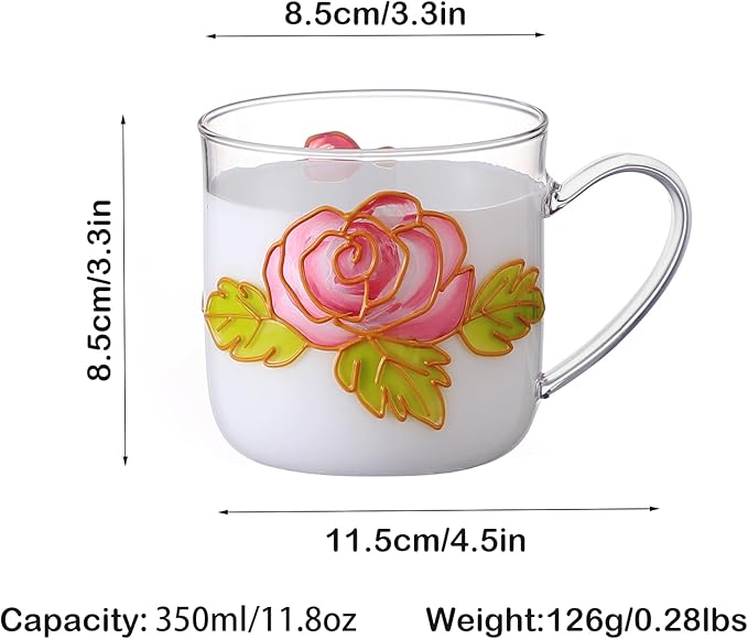 12oz/350ml Hand Painted Glass Cups With Handle,Clear Glass Coffee Cups,Coffee Glasses For Hot Beverages,Clear Mugs (Rose)