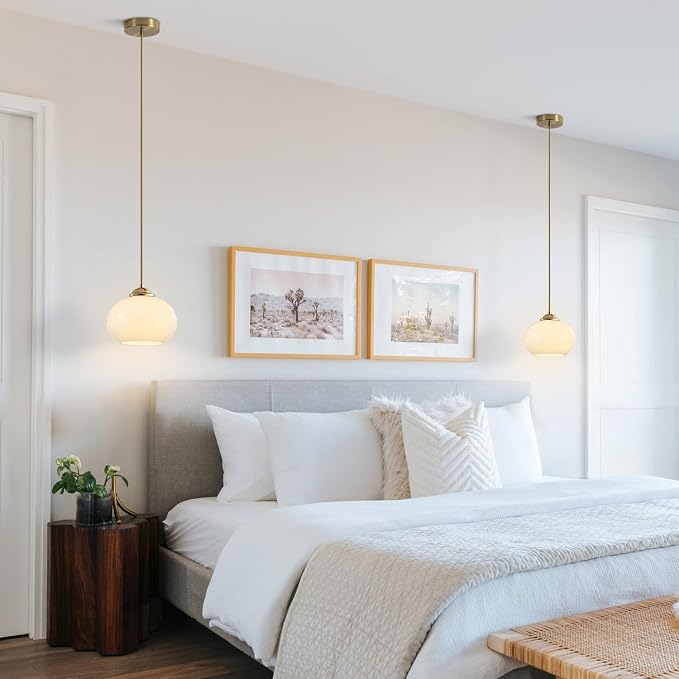 KCO Lighting 1-Light Globe Pendant Light Mid Century Modern Pendant Lighting White Glass Hanging Light Fixture Brushed Brass Chandelier Adjustable Light for Dining Room Living Room Bedroom Kitchen - Image 5