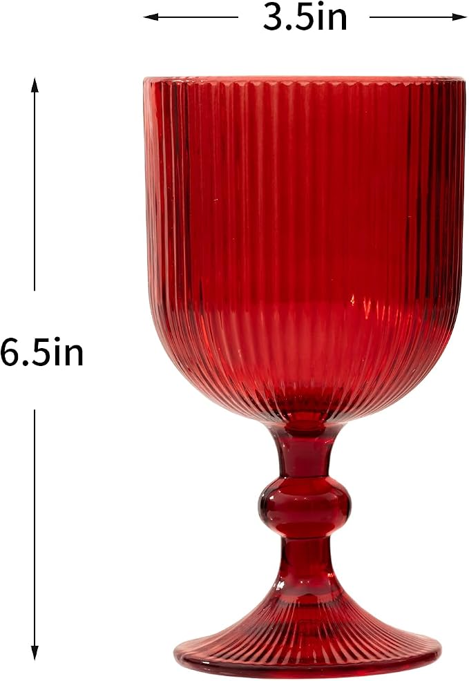 Red Vintage Wine Glasses Set of 6, 11 Ounces Colored Glass Water Goblets, Unique Embossed Pattern High Clear Stemmed Glassware Wedding Party Bar Glass Drinking Cups Fancy Glasses Hand Wash Only - Image 6