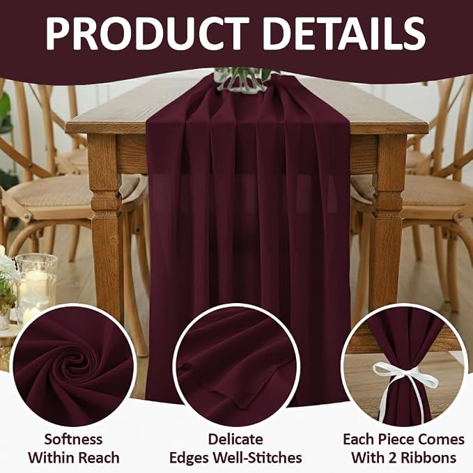 Pack of 20 | Burgundy | 14ft Chiffon Table Runner 29x170 Inches Long Romantic Rustic Sheer Gauze Runner for Wedding Bridal Shower Birthday Banquets Engagement Spring Easter Boho Decorations - Image 5
