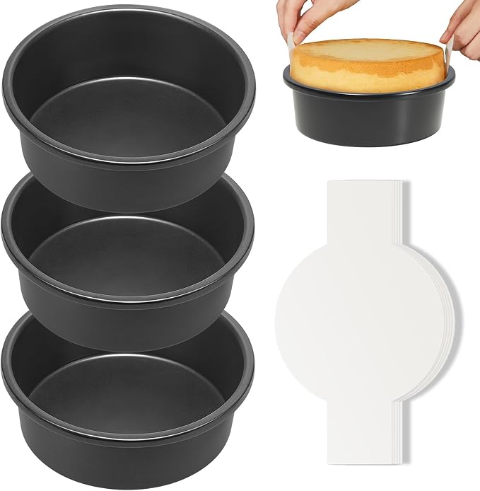 6 Inch Round Cake Pan Set for Baking with Healthy Parchment Paper, Nonstick Deeper Circle Cake Pans with Wider Grips, 3 Pieces Premium Layer Cake Tin, Cheesecake Mold, Huty Duty - Grey by HONGBAKE