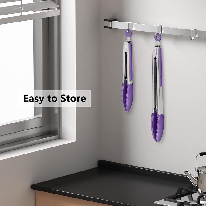 2 Pack Silicone Kitchen Tongs – 9" & 12" Set, Heat Resistant up to 500°F, Non‑Stick Cookware Safe, Wavy Silicone Tips, BPA Free, Locking Clip & Hanging Loop, Purple - Image 6