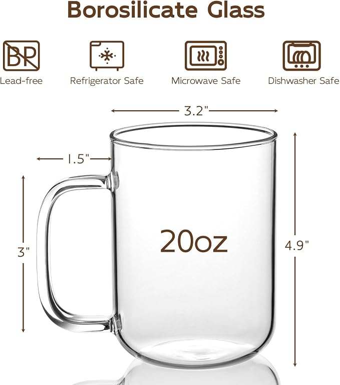 Glass Coffee Mugs, 20 oz Ice Coffee Cups Set of 6, Large Clear Tea Cups, Glass Mugs with Handles for Hot Beverages, Glass Cups for Latte, Cappuccino, and Tea - Image 2
