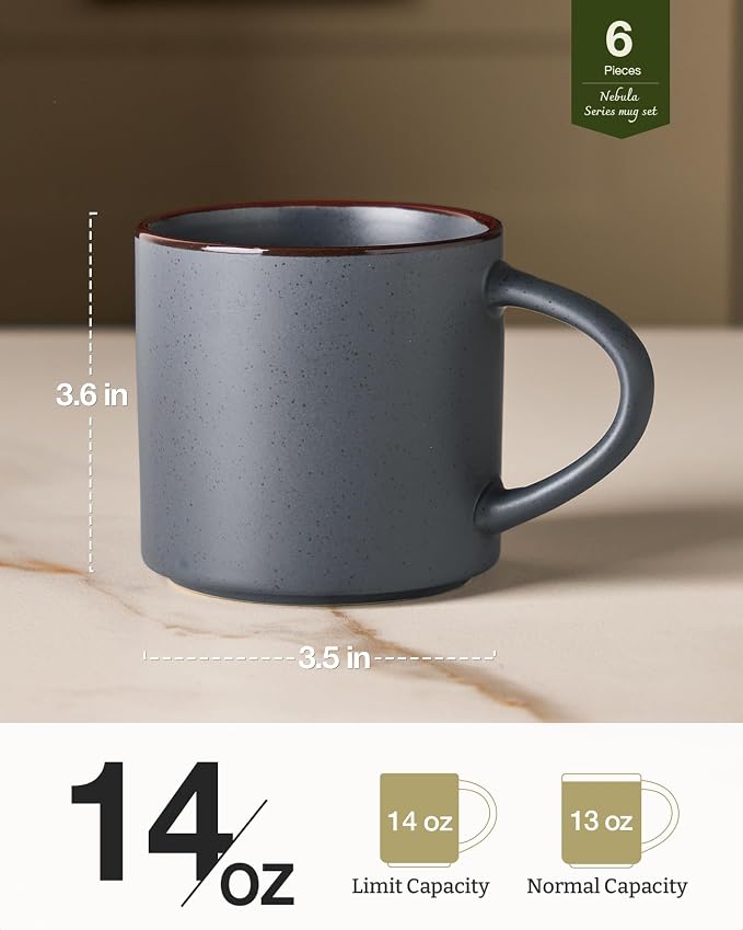 famiware Coffee Mugs Set of 6, Nebula 14oz Coffee Mugs, Ceramic Cup Set with Handle for Latte, Tea, Milk, Cappuccino, Cocoa, Charcoal - Image 4