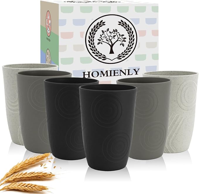 Homienly Drinking Glasses 16oz Wheat Straw Cups-Stackable and Reusable Cups, Alternative to Plastic Cups for Iced Coffee, Smoothies,Iced Tea-Black Grey by HOMIENLY