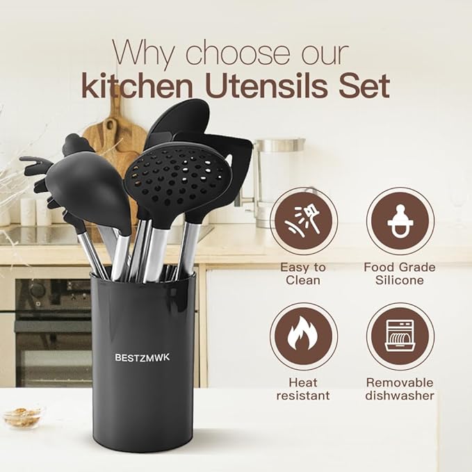Kitchen Utensils Set-Silicone Cooking Utensils-32 pcs Non-Stick Silicone Cooking Kitchen Utensils Spatula Set with Holder-Best Kitchen Cookware with Stainless Steel Handle (Black) - Image 3