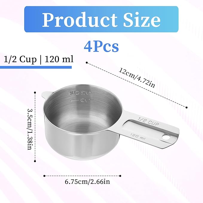 4 Pack 1/2 Cup Stainless Steel Measuring Cup 120 ml | 120 cc | 4 oz Metal Measuring Cups with Handle Kitchen Cooking Gadgets Rice Measurings Cups for Wet and Dry Ingredients