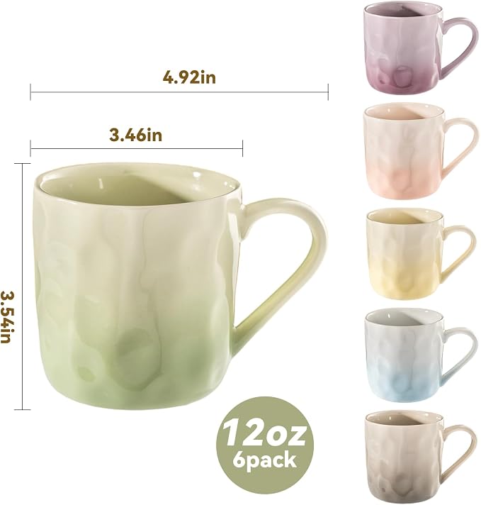 Porcelain Coffee Mugs, Multicolor, Set of 6, 12oz | Hand-Pinch Textured Ceramic, Microwave & Dishwasher Safe, Non-Toxic, Stylish Gift - Image 2