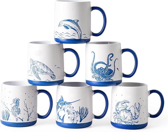 AmorArc Large Coffee Mugs Set of 6, 18oz Ceramic Coffee Cups with Sea Life Textured Patterns for Tea Latte Cocoa. Easy to Hold&Clean, Dishwasher&Microwave Safe, Matt White by AmorArc