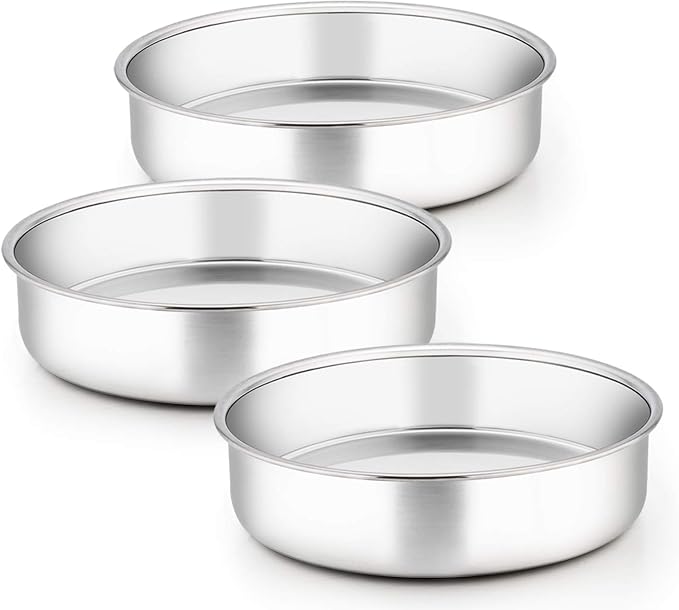 TeamFar 9½ Inch Cake Pan, 3 Pcs Stainless Steel Round Tier Cake Pans Set | for Baking Steaming Serving, Perfect for Birthday Wedding Celebrations, Healthy & Sturdy, Mirror Finish & Dishwasher Safe by TeamFar