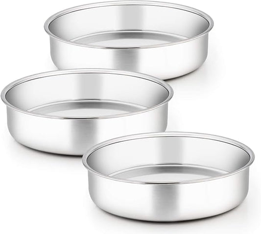 TeamFar 9½ Inch Cake Pan, 3 Pcs Stainless Steel Round Tier Cake Pans Set | for Baking Steaming Serving, Perfect for Birthday Wedding Celebrations, Healthy & Sturdy, Mirror Finish & Dishwasher Safe by TeamFar