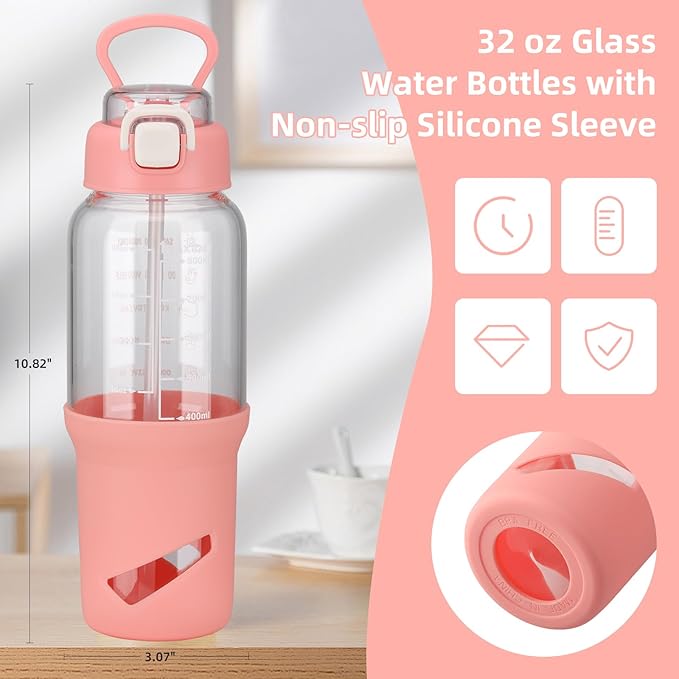 SIEROZUR 32 oz Glass Tumbler with Straw, Glass Water Bottles with 2 Lids-Handle Spout Lid & Straw Lid, 1 Liter Motivational Water Bottles, Silicone Sleeve, Fits Car Cup Holder,Pink