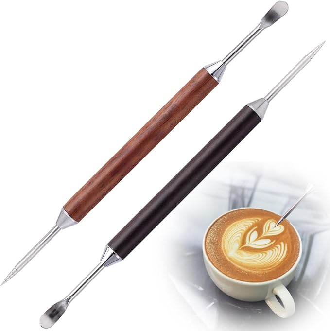 2 Pcs Double-Ended Latte Art Pen, Coffee Drawing Tool with Wood Handle, Latte Art Tools, Coffee Pen for Espresso Designs, Cafe and Home Use (2 Styles)